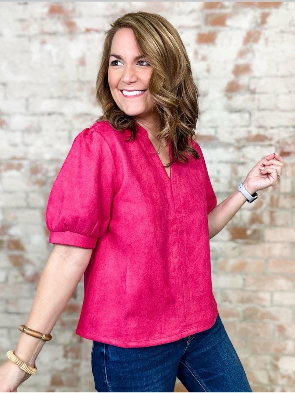 Like New SZ L THML Hot Pink Puff Sleeve Faux Suede